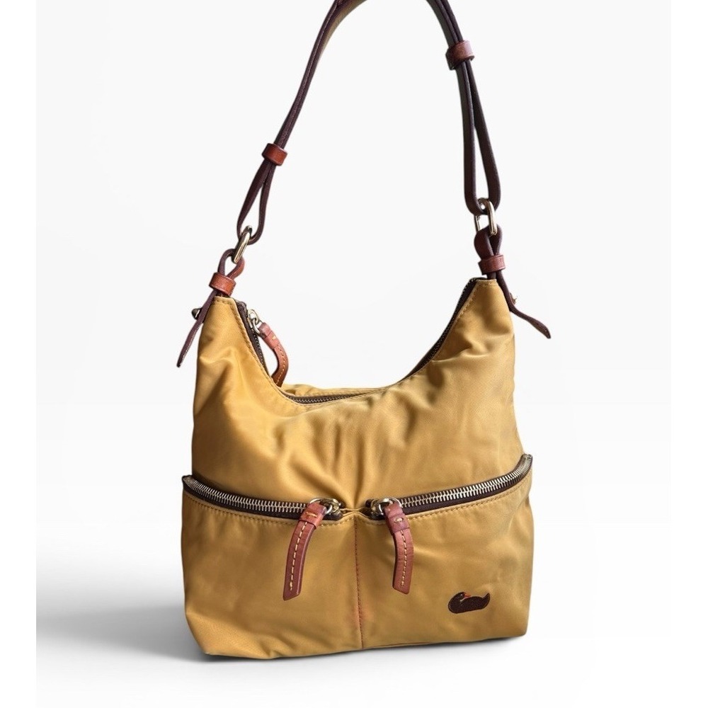 VTG Dooney Bourke Nylon Hobo Yellow Pink Lined Duck Logo Shoulder W/Leather Trim